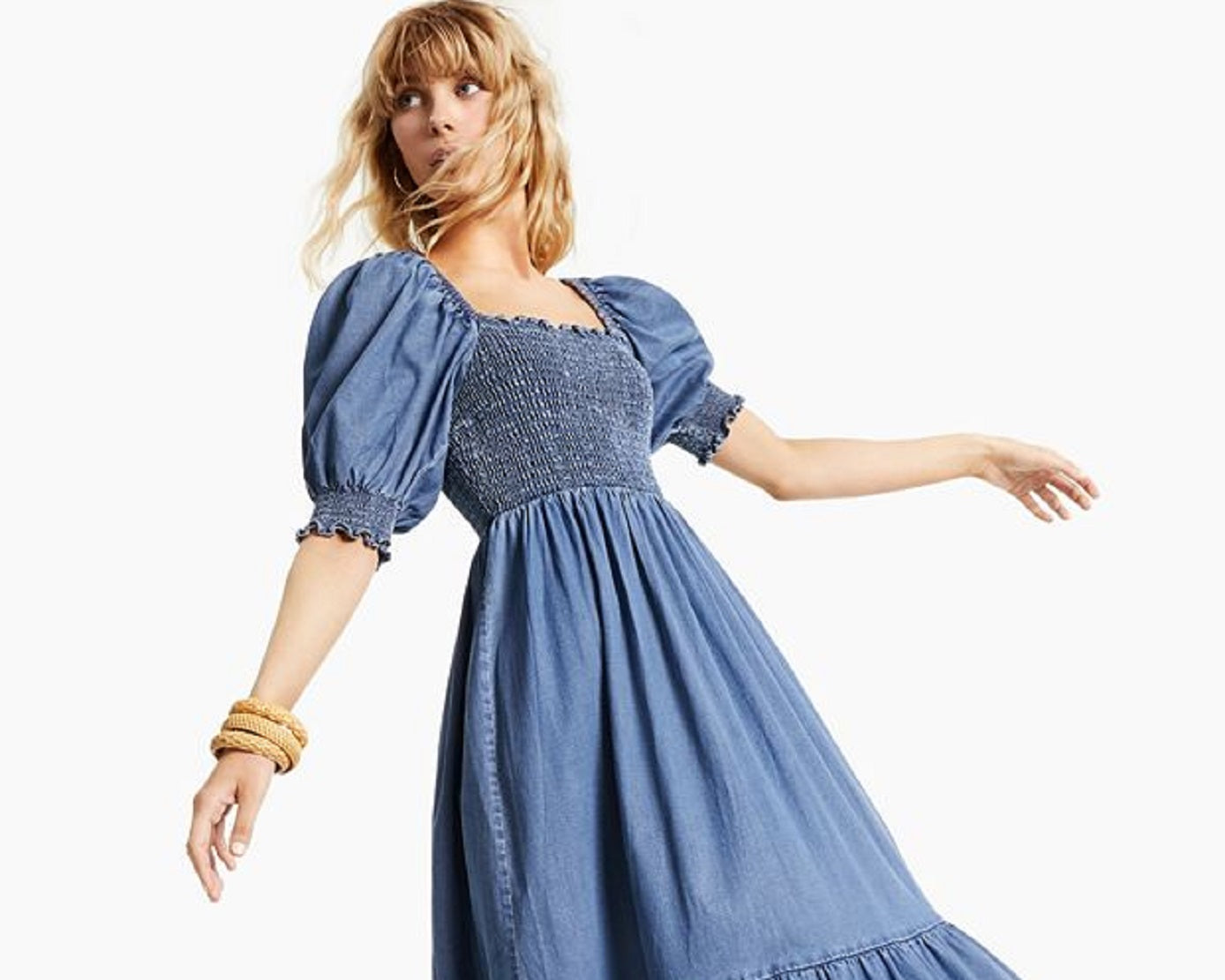 INC International Concepts Women's Puff Sleeve Denim Dress Blue Size X-Small