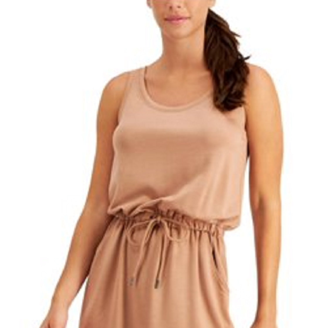 ID Ideology Women's Stretch Pocketed Tie Drawstring Waist Sleeveless Scoop Neck Mini Blouson Dress Brown Size Small