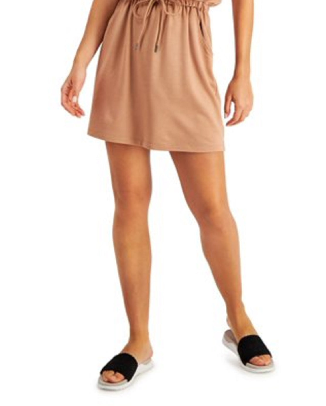 ID Ideology Women's Stretch Pocketed Tie Drawstring Waist Sleeveless Scoop Neck Mini Blouson Dress Brown Size Small