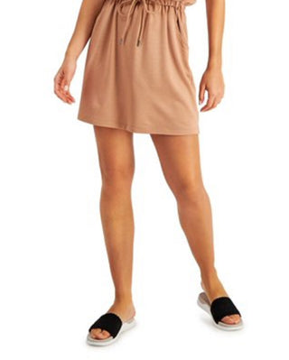 ID Ideology Women's Stretch Pocketed Tie Drawstring Waist Sleeveless Scoop Neck Mini Blouson Dress Brown Size Small