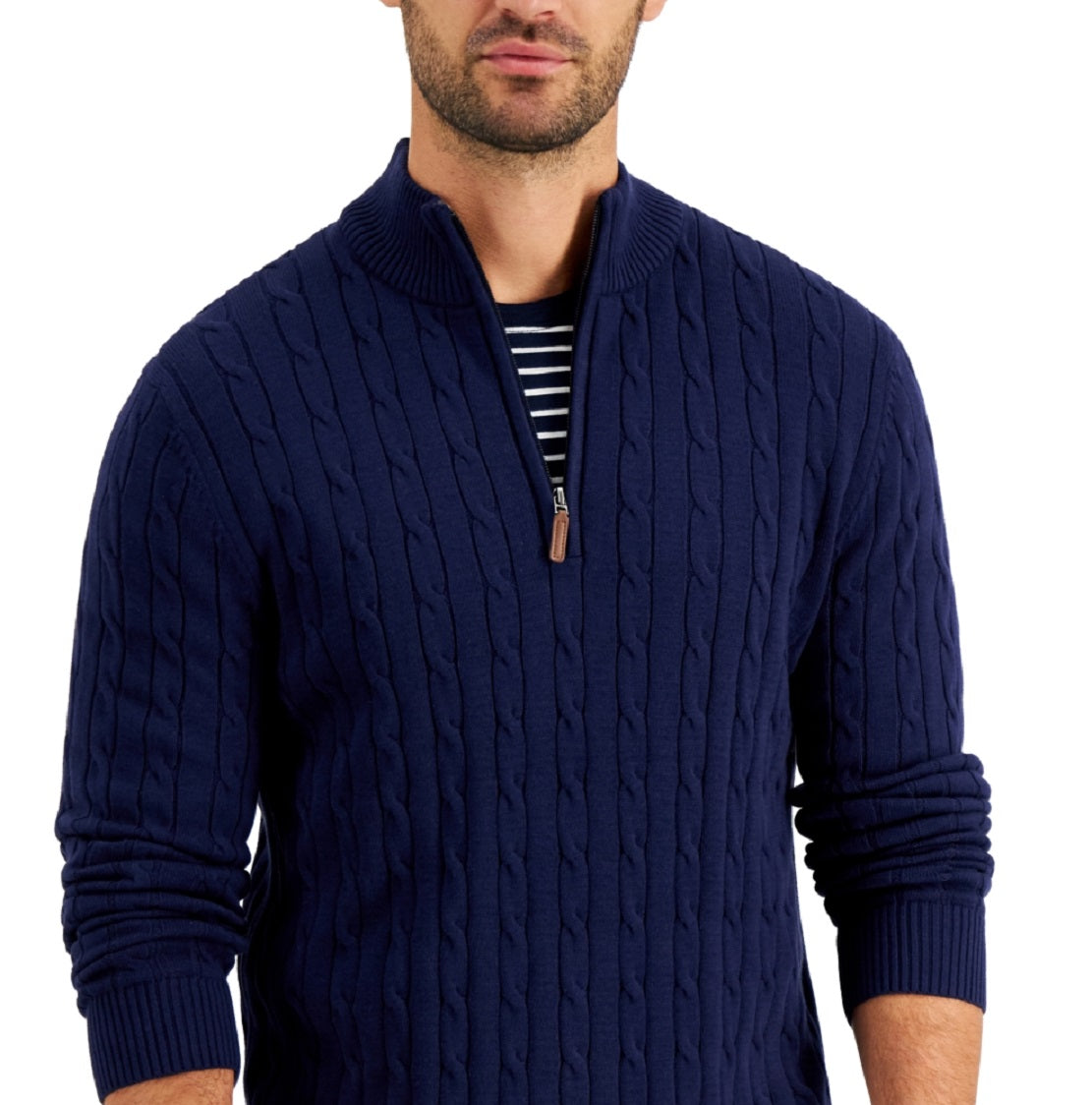 Club Room Men's Cable Knit Quarter Zip Cotton Sweater Blue Size Medium