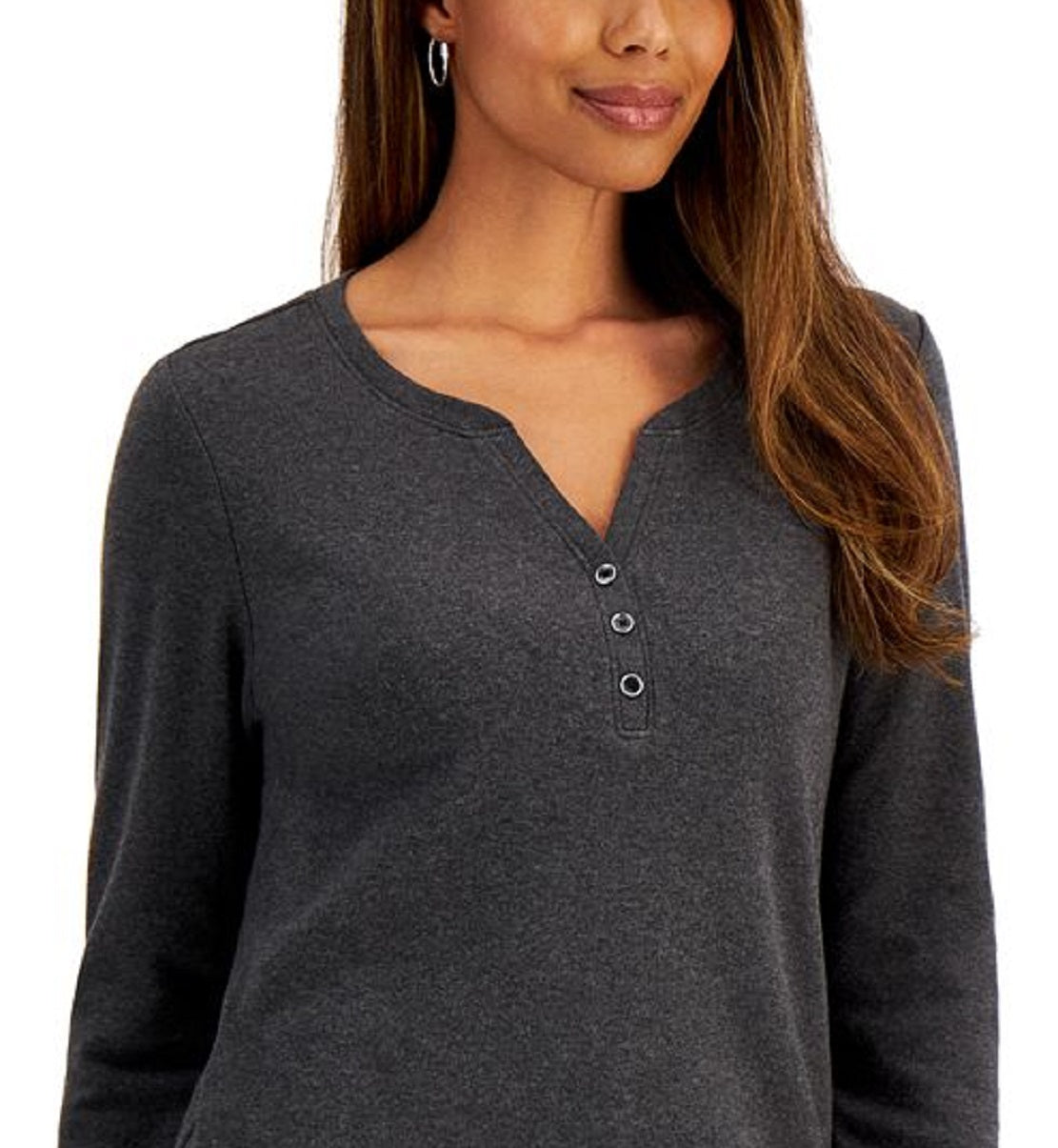 Karen Scott Women's Cotton Henley V Neck Top Black Size Medium