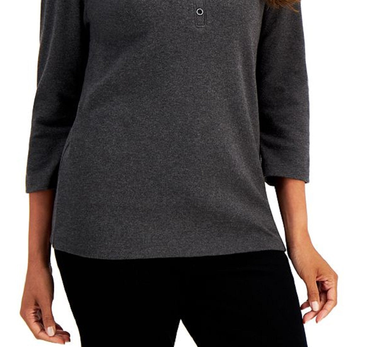 Karen Scott Women's Cotton Henley V Neck Top Black Size Medium