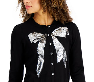 Charter Club Women's Sequined Bow Button Cardigan Black Size Medium