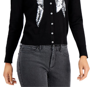 Charter Club Women's Sequined Bow Button Cardigan Black Size Medium