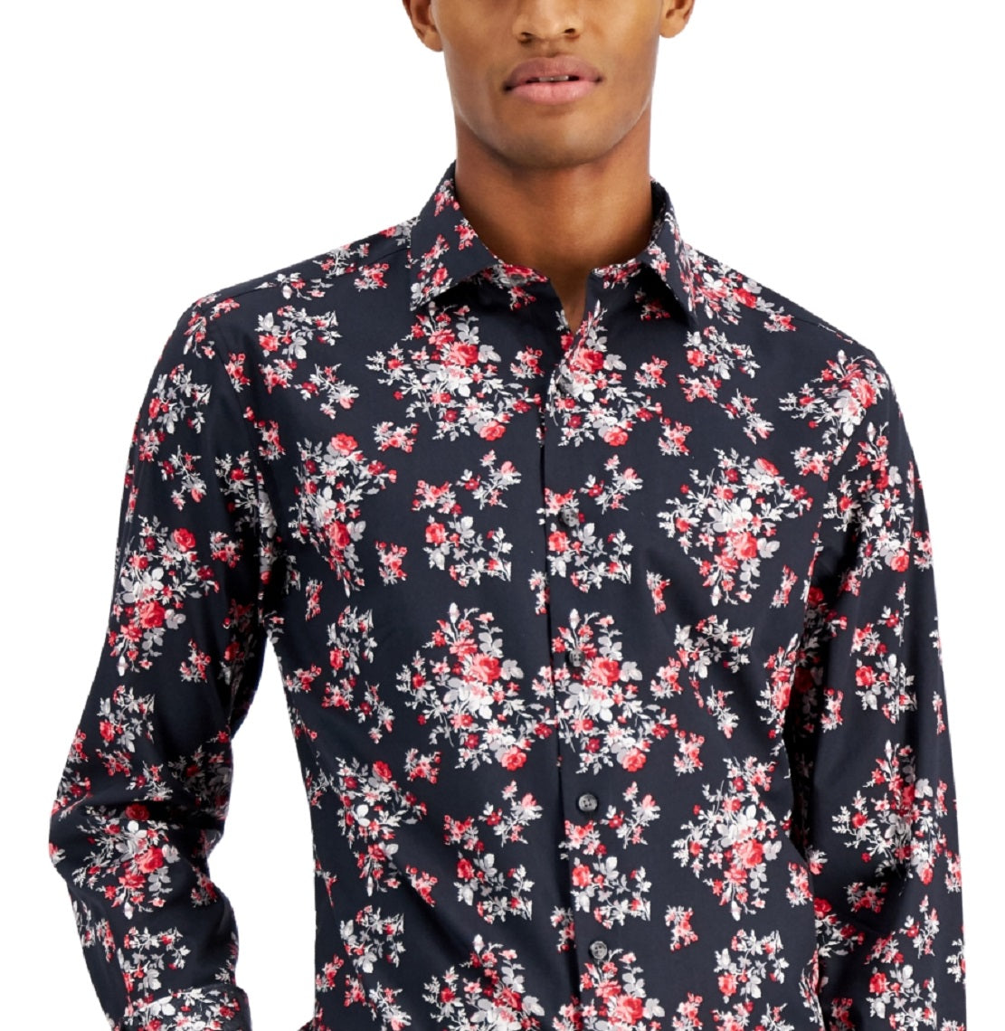 Bar III Men's Slim Fit Performance Stretch Floral Print Dress Shirt Red Size Small