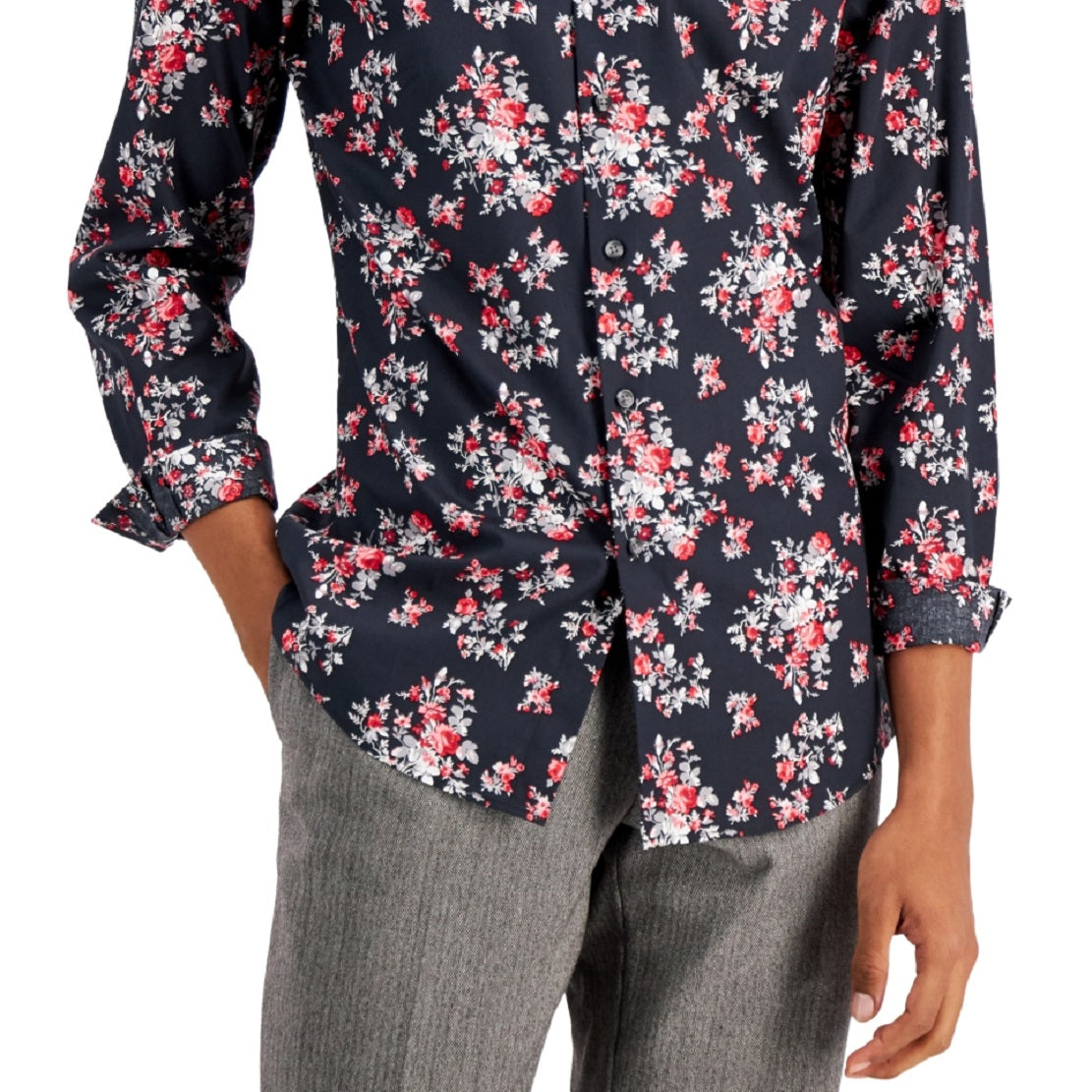Bar III Men's Slim Fit Performance Stretch Floral Print Dress Shirt Red Size Small