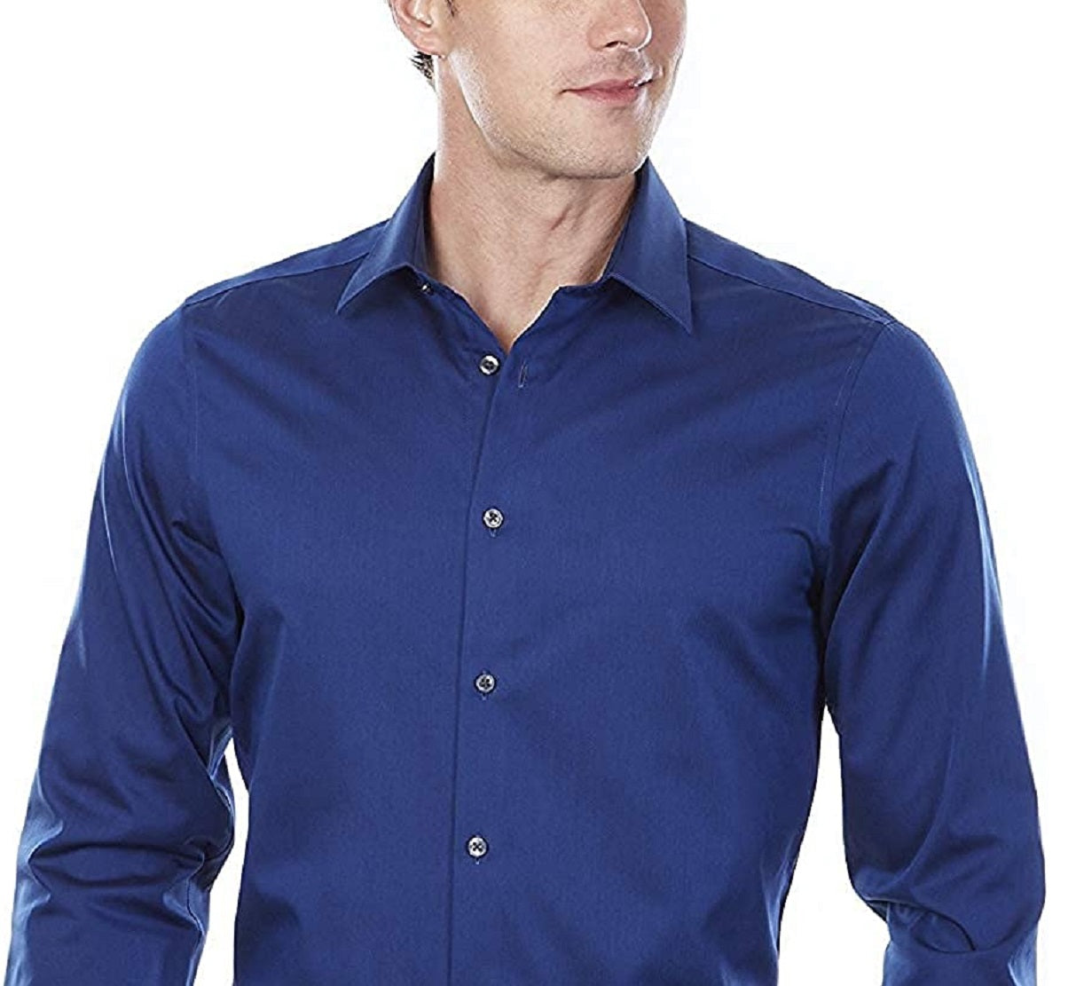 Calvin Klein Men's Slim Fit Non Iron Performance Herringbone Point Collar Dress Shirt Blue Size 16.5X34-35