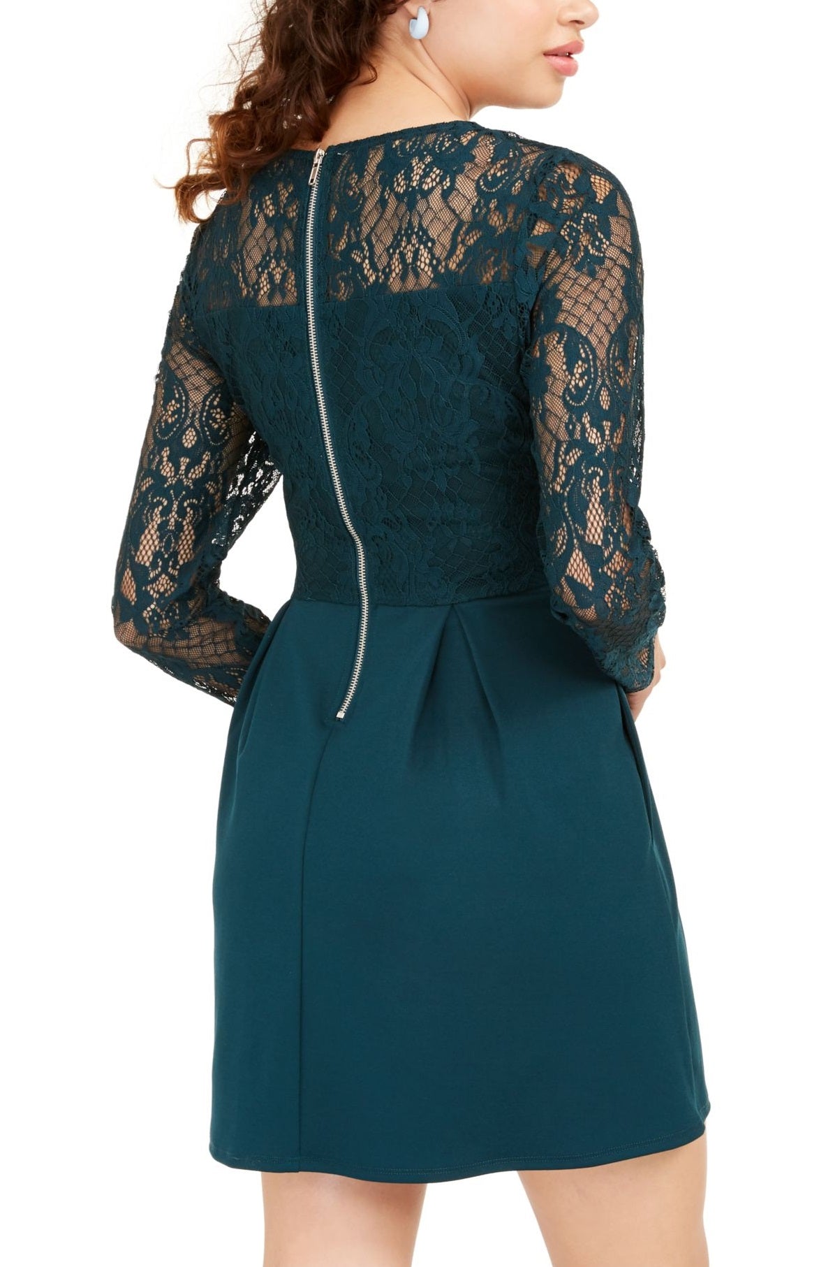 Speechless Women's Lace Zippered Long Sleeve Jewel Neck Mini Fit Flare Party Dress Green Size Medium