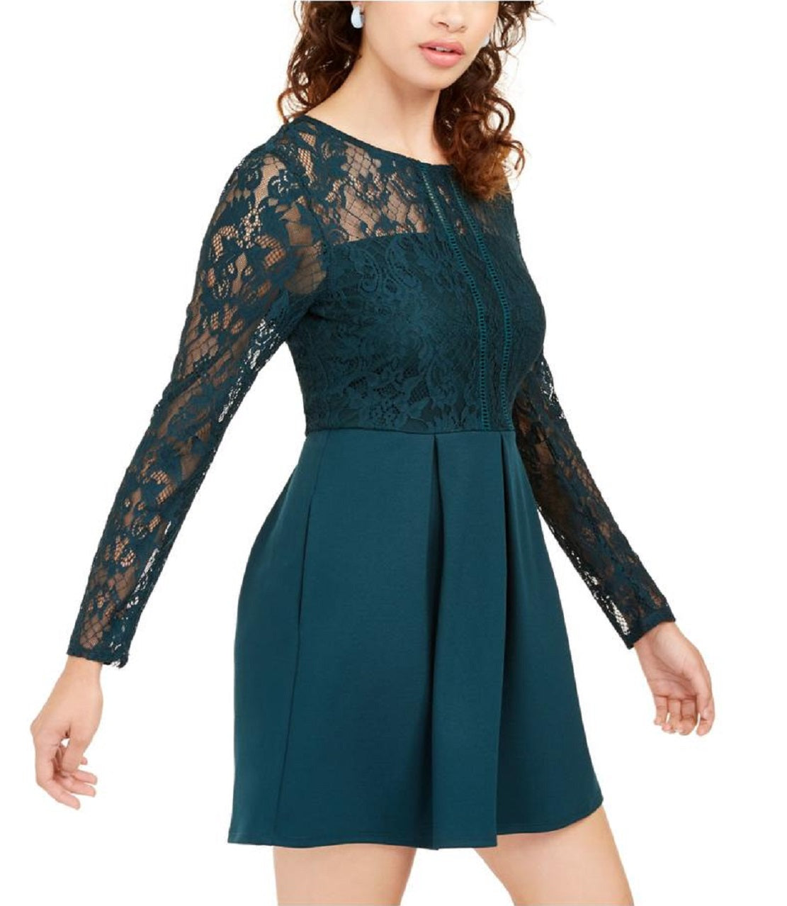 Speechless Women's Lace Zippered Long Sleeve Jewel Neck Mini Fit Flare Party Dress Green Size Medium