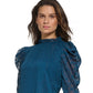 DKNY Women's Ruffled Jacquard Puff Long Sleeve Blouse Blue Size Medium