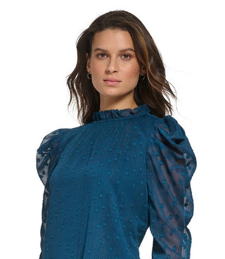 DKNY Women's Ruffled Jacquard Puff Long Sleeve Blouse Blue Size Medium