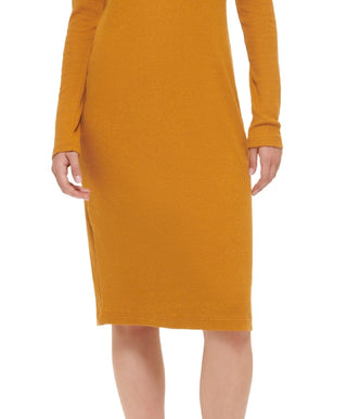 DKNY Women's Henley Neckline Long Sleeve Ribbed Dress Brown Size X-Large