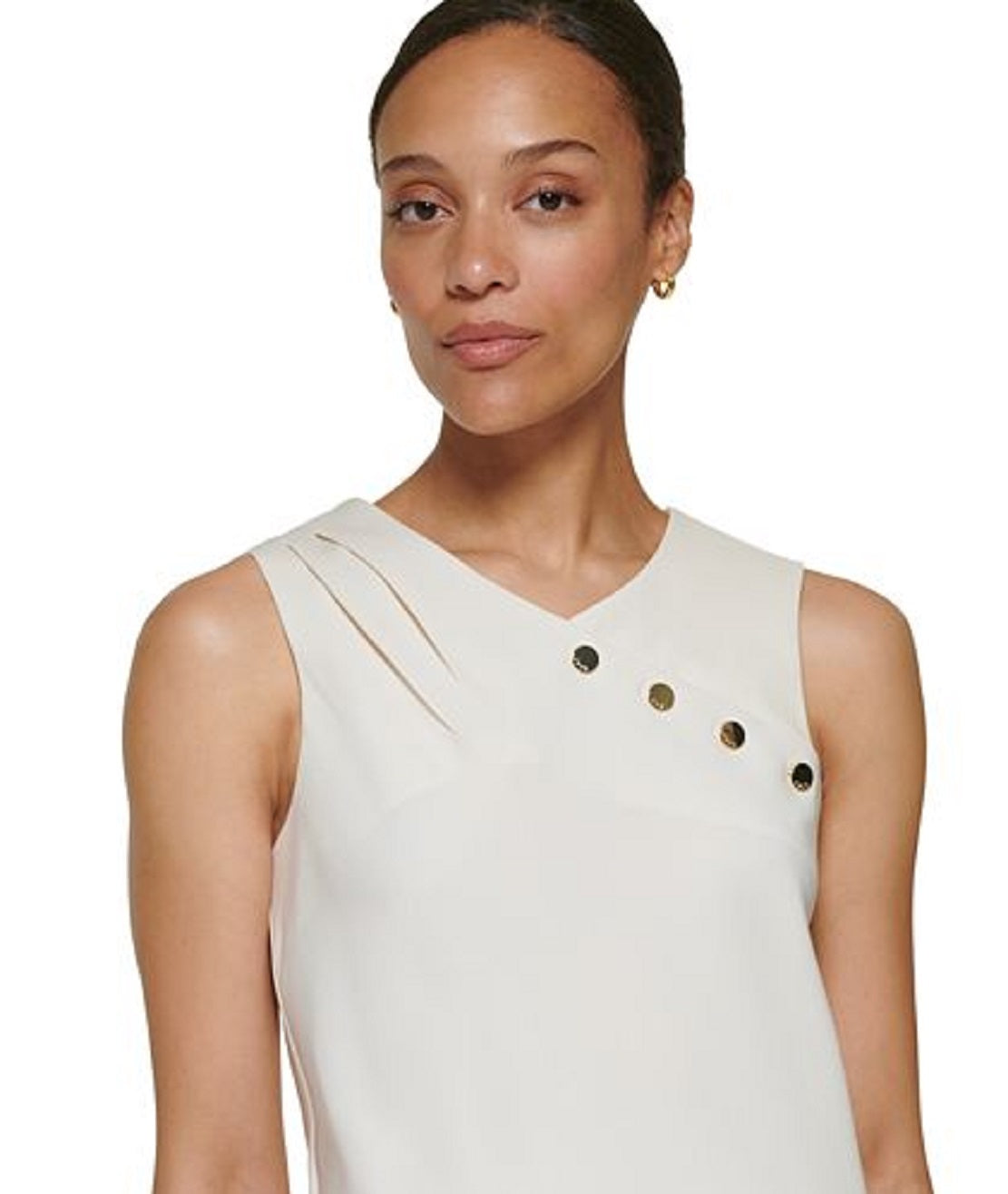 DKNY Women's Sleeveless Asymmetrical Embellished Neckline Blouse White