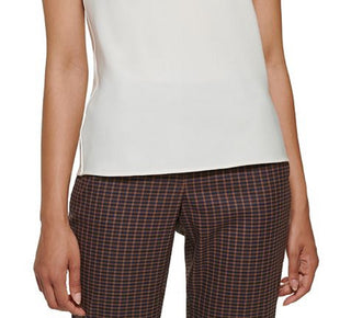 DKNY Women's Sleeveless Asymmetrical Embellished Neckline Blouse White