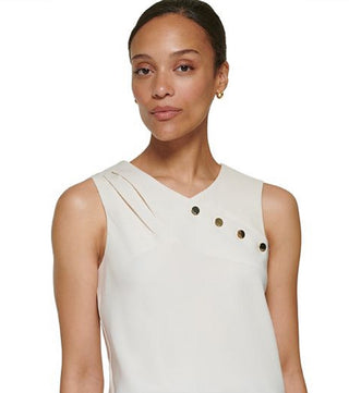 DKNY Women's Sleeveless Asymmetrical Embellished Neckline Blouse White