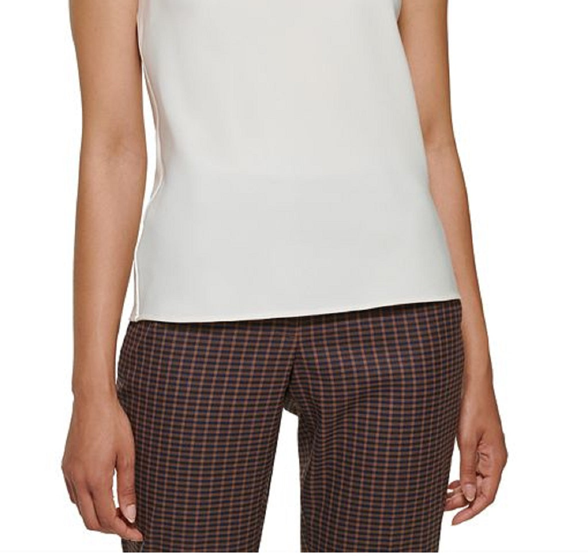 DKNY Women's Sleeveless Asymmetrical Embellished Neckline Blouse White