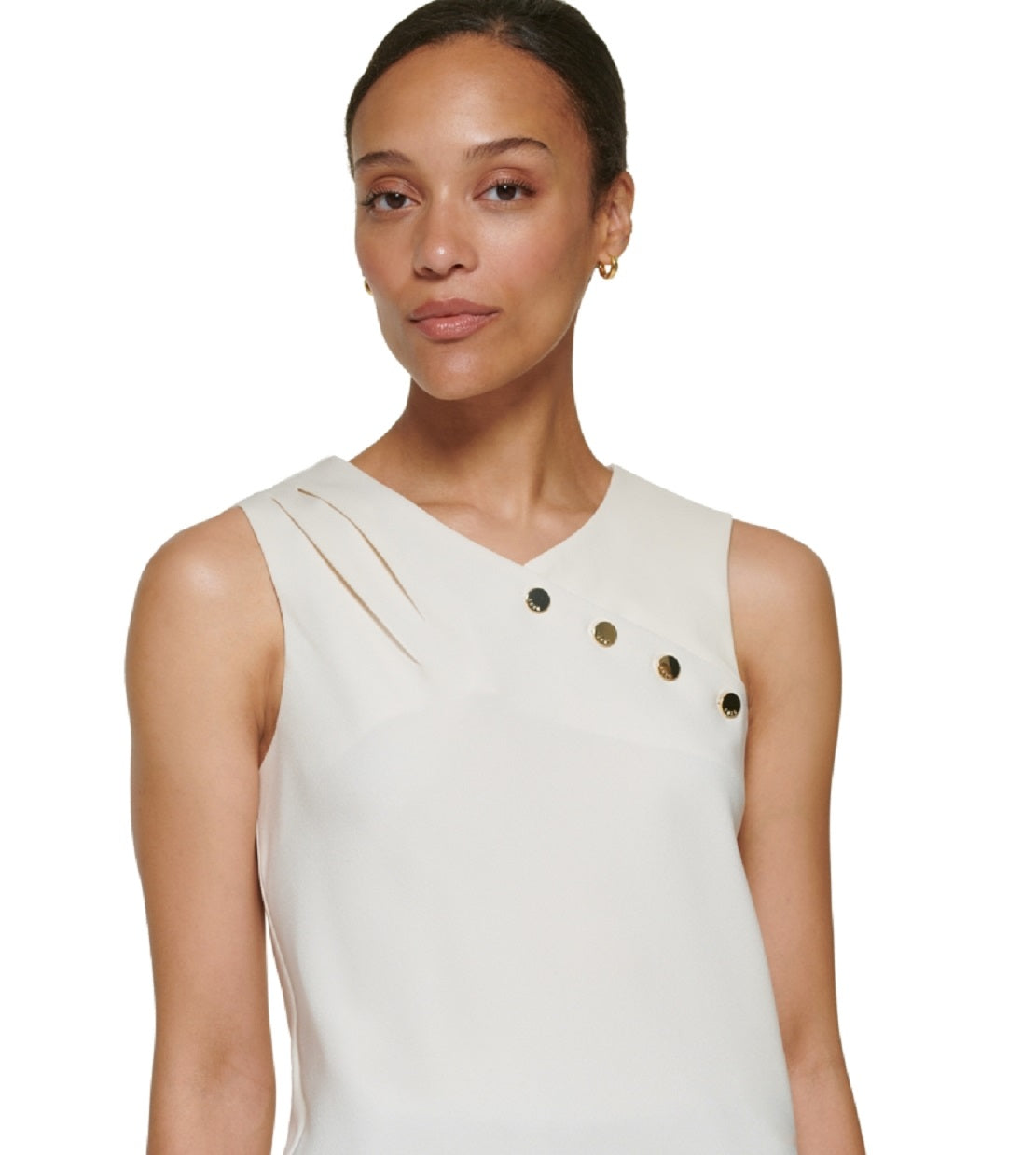DKNY Women's Sleeveless Asymmetrical Embellished Neckline Blouse White Size Small