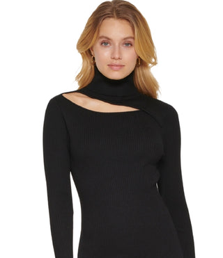 DKNY Women's Turtleneck Ribbed Cutout Sweater Dress Black Size Large