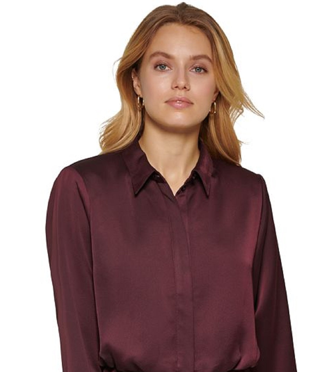 DKNY Women's Long Sleeve Satin Mini Shirtdress Red Size Medium