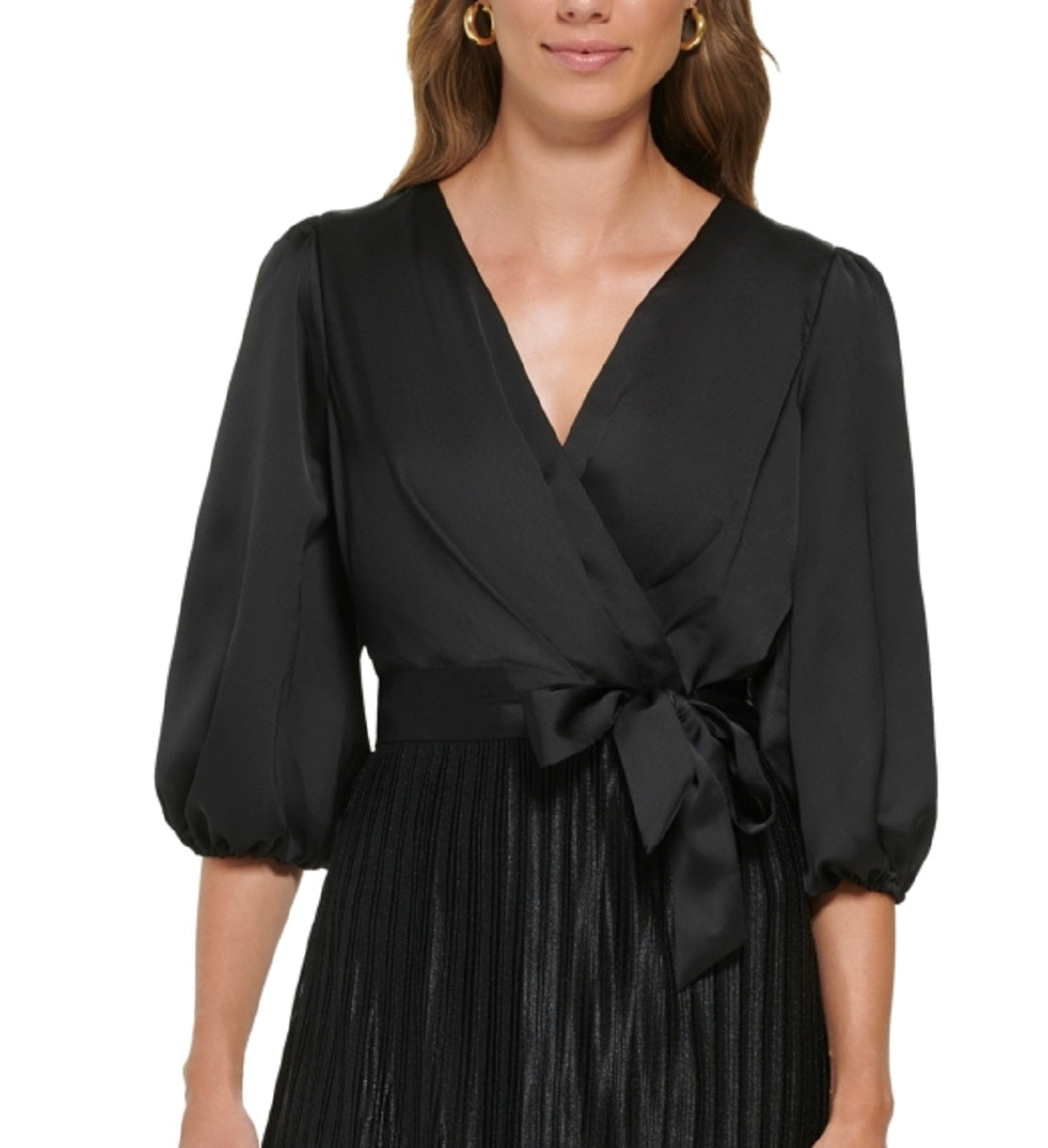 DKNY Women's Pleated Balloon Sleeve Faux Wrap Dress Black Size 10