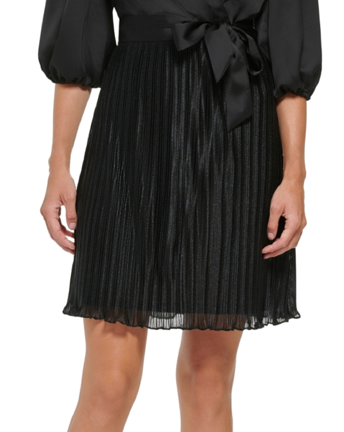DKNY Women's Pleated Balloon Sleeve Faux Wrap Dress Black Size 10