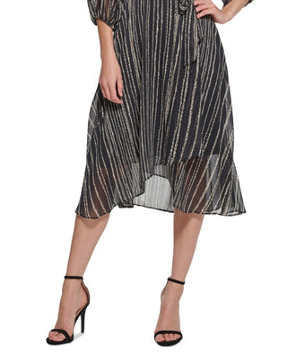 DKNY Women's Printed Chiffon Balloon Sleeve Wrap Midi Dress Black Size 6