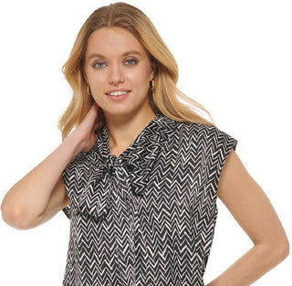 DKNY Women's Printed Tie V Neck Top Black Size Large
