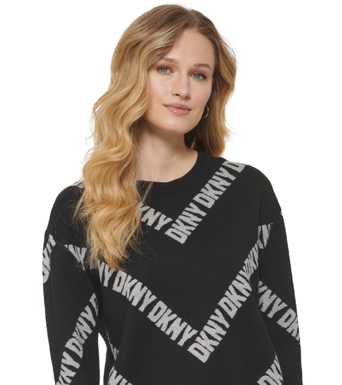 DKNY Women's Allover Logo Long Sleeve Crewneck Sweater Black Size X-Small