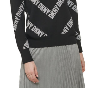 DKNY Women's Allover Logo Long Sleeve Crewneck Sweater Black Size X-Small