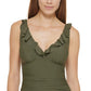 Dkny Women's Ruffle Plunge Underwire Tummy Control One Piece Swimsuit Green
