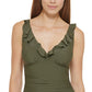 Dkny Women's Ruffle Plunge Underwire Tummy Control One Piece Swimsuit Green