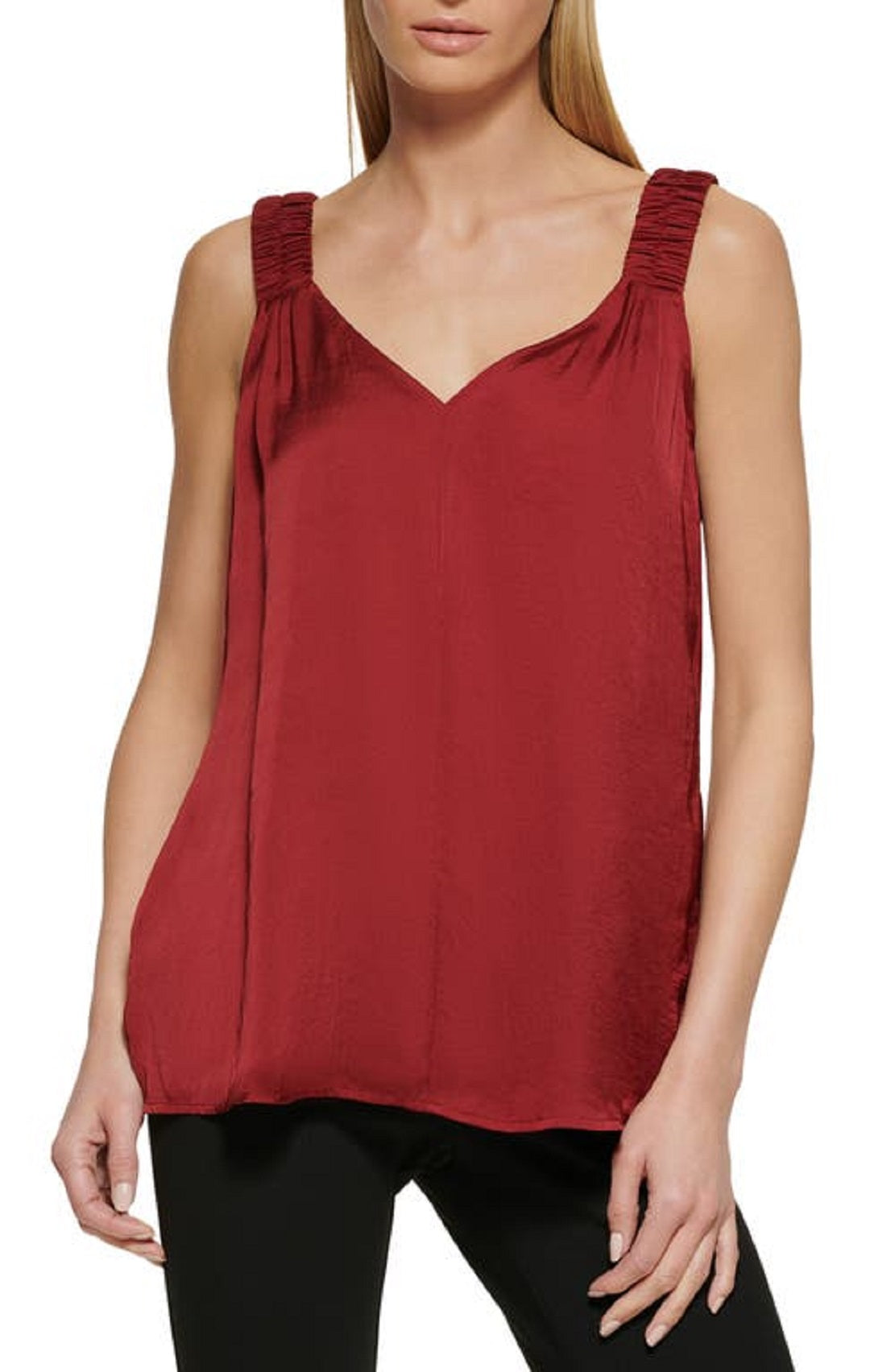 DKNY Women's Ruched Strap Satin Top Red Size Small