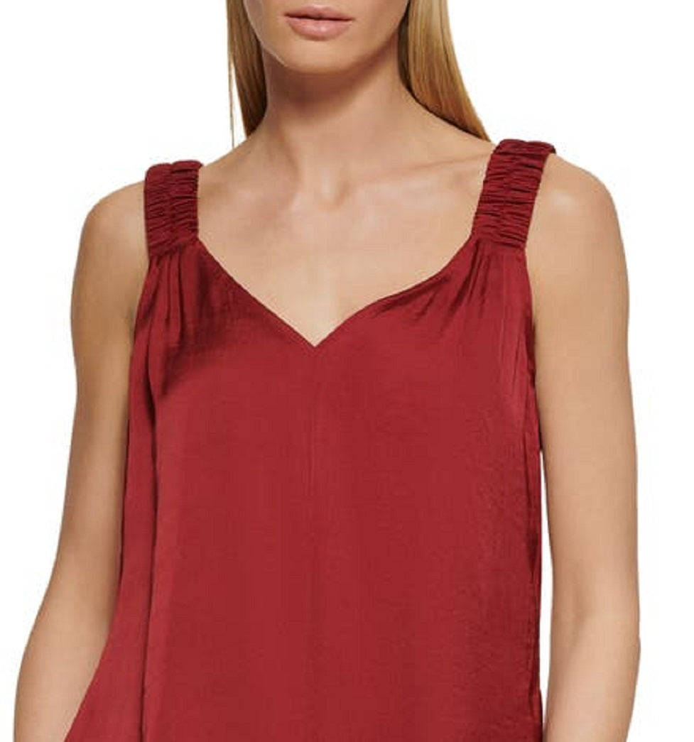 DKNY Women's Ruched Strap Satin Top Red Size Small