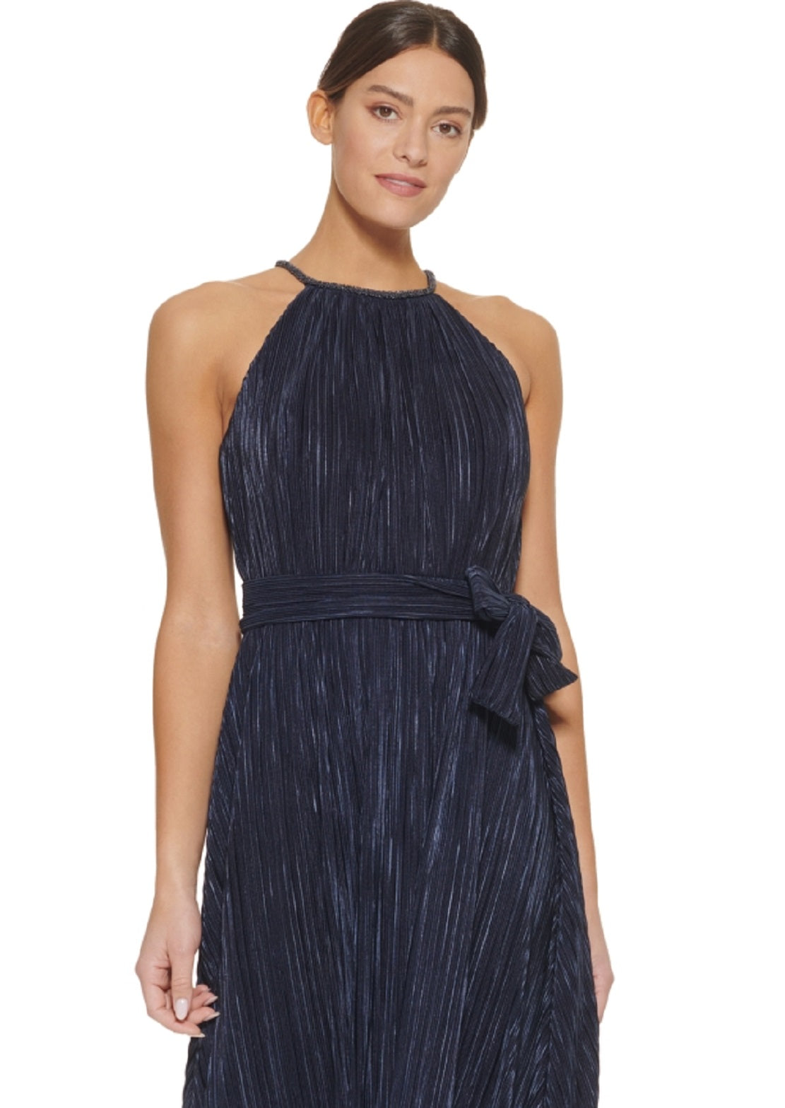 DKNY Women's Embellished Trim Pleated Halter Gown Blue Size 16