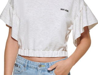 DKNY Women's Cropped Flutter Sleeve T-Shirt Brown Size Medium