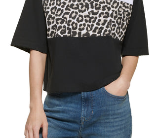 DKNY Women's Cropped Leopard Logo T-Shirt White Size Small