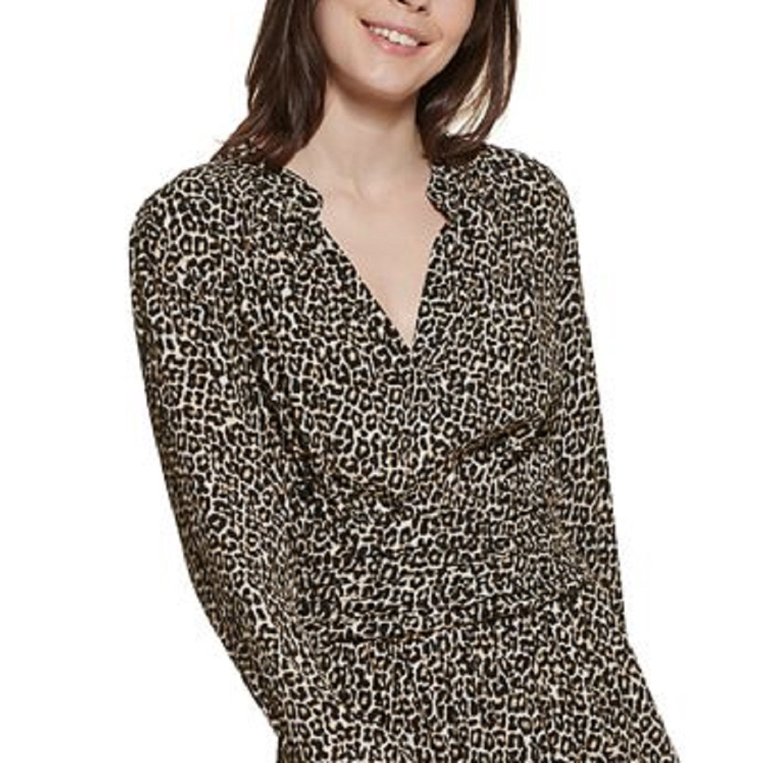DKNY Women's Leopard Print Split Neck Dress Black Size Small