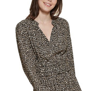 DKNY Women's Leopard Print Split Neck Dress Black Size Small