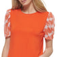 DKNY Women's Mixed Media Print Puff Sleeve Top Orange Size Medium