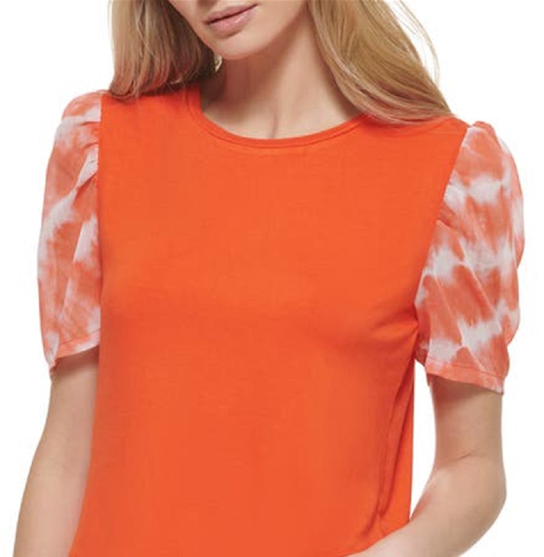 DKNY Women's Mixed Media Print Puff Sleeve Top Orange Size Medium