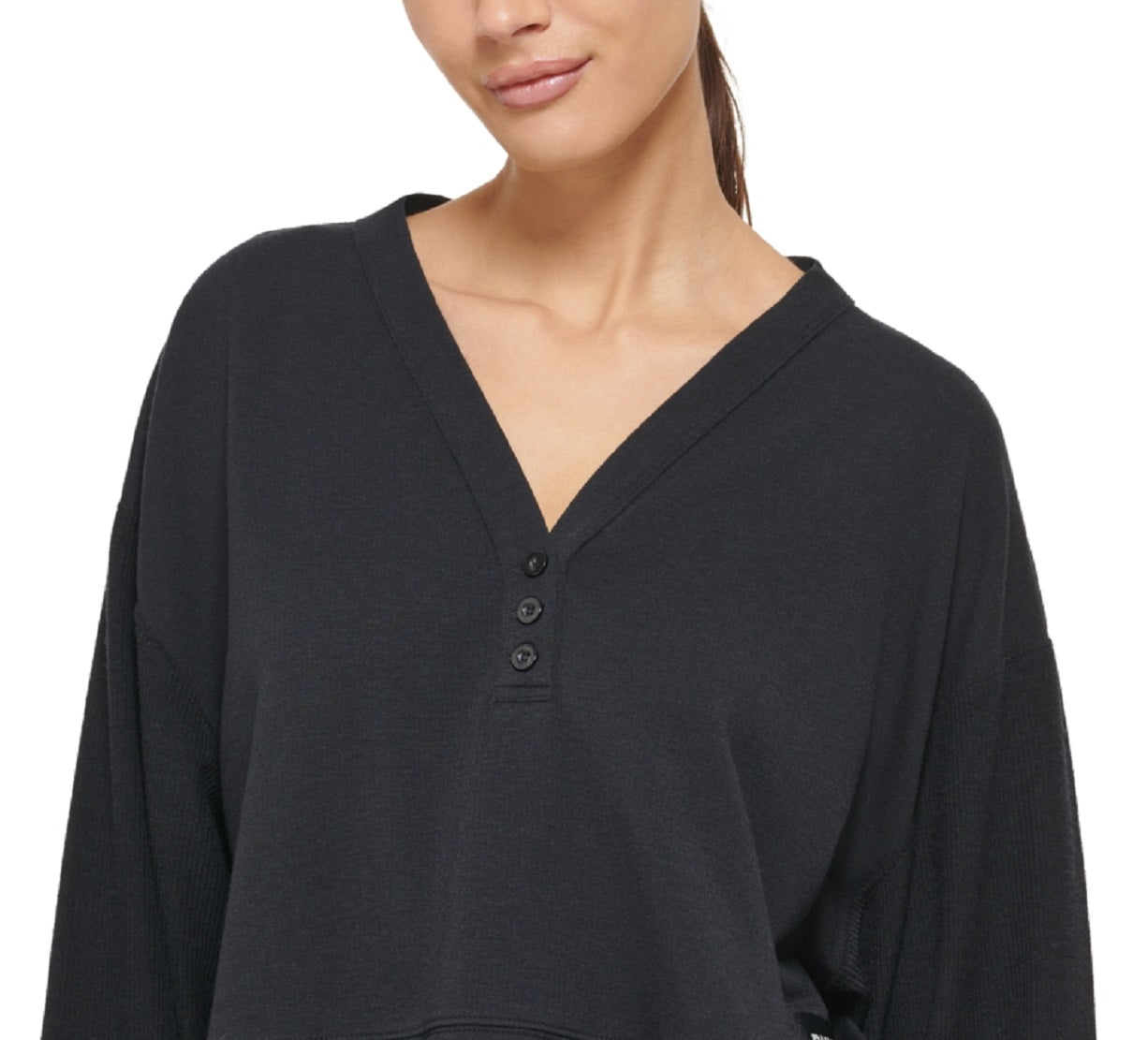 DKNY Women's Cropped Henley Lounge Sweatshirt Black Size Medium