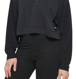 DKNY Women's Cropped Henley Lounge Sweatshirt Black Size Medium
