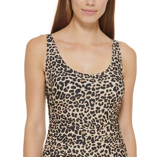 DKNY Women's Animal Print Ruched Contrast One Piece Swimsuit Brown Size 6