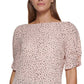 DKNY Women's Printed Elbow Sleeve Blouse Pink Size X-Large
