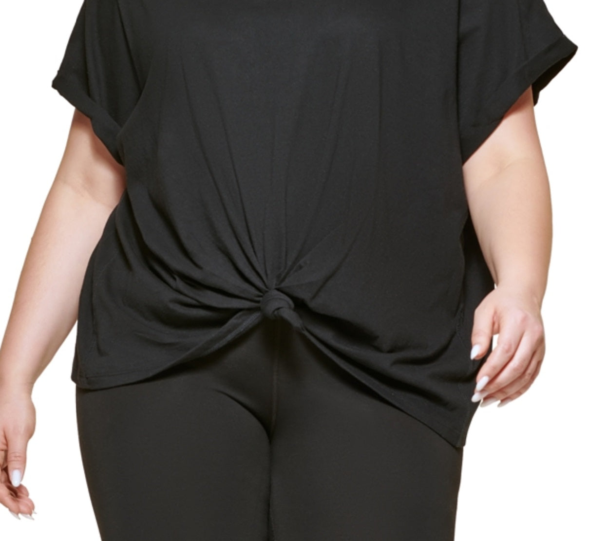 DKNY Women's Knot Front Metallic Logo T-Shirt Black Size 2X