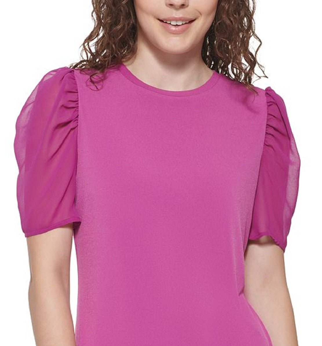 DKNY Women's Mixed Media Puff Sleeve Top Purple Size Medium