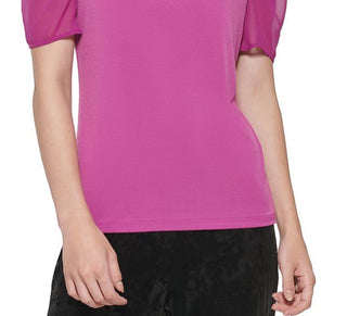DKNY Women's Mixed Media Puff Sleeve Top Purple Size Medium