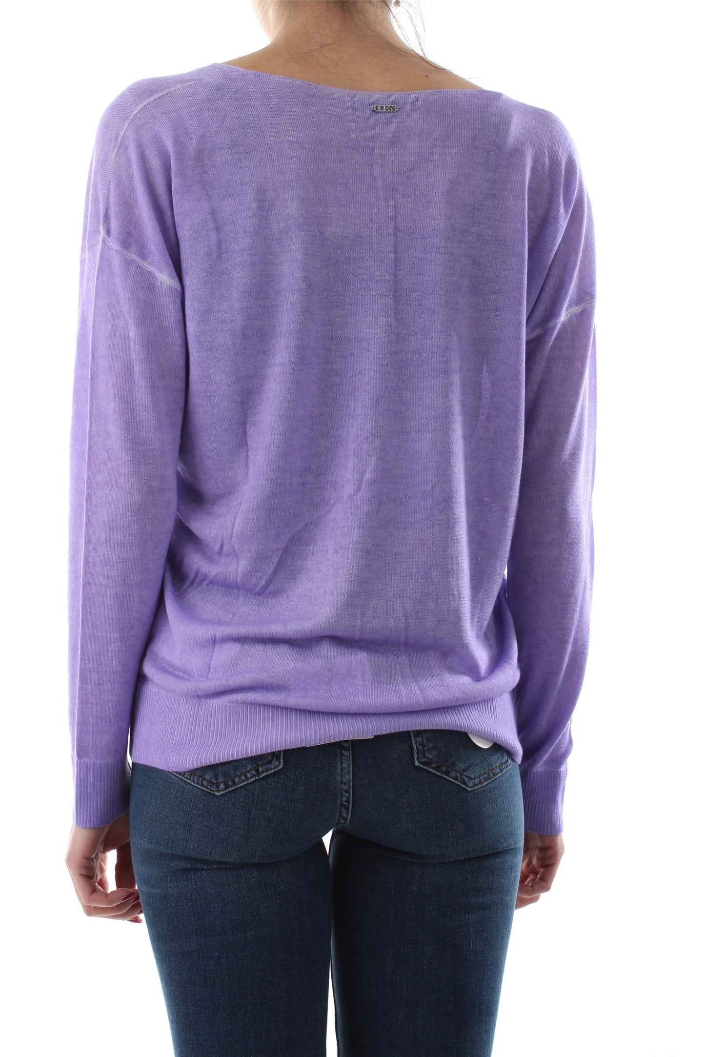 GUESS Women's Dropped Shoulder V Neck Ribbed Sweater Purple Size X-Large