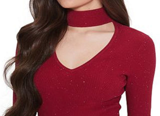 GUESS Women's Lea Cutout Sequined Ribbed 3/4 Sleeve Sweater Red Size Small